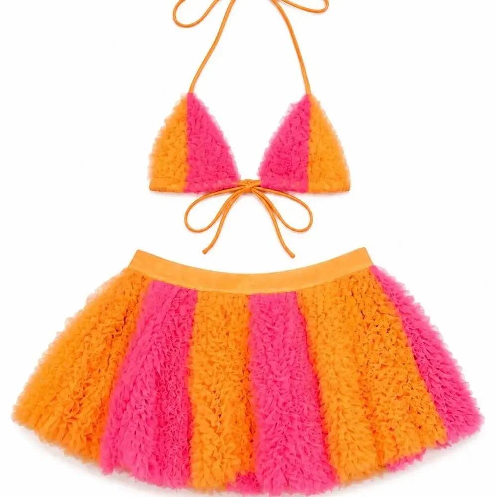 Hot & Delicious Neon Pink Orange Ruffle Bikini Set Mini Skirt Festival Size S